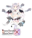  1girl animal_ear_fluff animal_ears apron bangs black_skirt black_wings blue_eyes blush braid brave_sword_x_blaze_soul cat_ears character_request closed_mouth commentary_request copyright_name demon_girl demon_tail demon_wings eyebrows_visible_through_hair full_body garter_straps hair_between_eyes hands_on_hips long_hair looking_at_viewer miniskirt navel off-shoulder_shirt off_shoulder official_art pleated_skirt puffy_short_sleeves puffy_sleeves shirt short_sleeves silver_hair skirt solo tail thigh-highs thighhighs_pull twin_braids two_side_up very_long_hair waist_apron white_apron white_background white_legwear white_shirt wings yuizaki_kazuya 