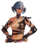 1girl au_ra blue_hair breasts cropped_torso dark-skinned_female dark_skin dragon_horns final_fantasy final_fantasy_xiv green_eyes hands_up horns medium_breasts muraicchi_(momocchi) scales short_hair smile solo tooth_necklace white_background 
