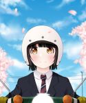  1girl bangs black_hair black_jacket blazer blue_sky blush brown_eyes closed_mouth clouds collared_shirt day diagonal-striped_neckwear diagonal_stripes helmet honda_super_cub jacket koguma_(super_cub) kozue_akari lamppost necktie outdoors petals power_lines shirt short_hair sky smile solo striped striped_neckwear super_cub upper_body white_headwear white_shirt 