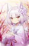  1girl absurdres animal_ear_fluff animal_ears azur_lane bangs blush brown_eyes closed_mouth commentary_request eyebrows_visible_through_hair fang fang_out flower hair_bun hair_flower hair_ornament highres japanese_clothes jewelry kimono long_sleeves looking_at_viewer pg_(pege544) purple_flower ring silver_hair sleeves_past_wrists smile solo tree_branch wedding_band white_kimono wide_sleeves yukikaze_(azur_lane) 