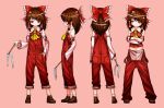  1girl boots bow_hairband brown_hair crossed_arms detached_sleeves gohei hair_tubes hairband hakurei_reimu japanese_clothes lying miko navel neckerchief on_back on_side overalls pocket red_headwear red_overalls shimizu_pem short_hair touhou 