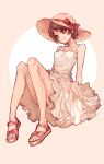  1girl arms_at_sides bare_arms bare_legs beige_background black_hair breasts circle closed_mouth collarbone dress eyelashes full_body fuura_kafuka green_eyes happy hat head_tilt highres knees_together_feet_apart long_eyelashes looking_at_viewer mag_(ma9xxx) pastel_colors pink_footwear red_ribbon ribbon sandals sayonara_zetsubou_sensei short_hair simple_background skinny sleeveless sleeveless_dress small_breasts smile solo straw_hat sun_hat sundress tareme very_short_hair white_dress 