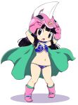  1girl armor armpits arms_up bikini bikini_armor black_eyes black_hair blue_bikini boots cape chi-chi_(dragon_ball) child dragon_ball dragon_ball_(classic) gloves green_cape helmet long_hair navel nollety open_mouth pauldrons pink_footwear pink_gloves pink_headwear shoulder_armor simple_background solo swimsuit white_background 