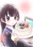 1girl 1other birthday birthday_cake black_jacket blush brown_hair cake cellphone character_request computer dated food gift giving grey_eyes hair_ornament hairclip highres holding jacket kawai_rou laptop long_hair long_sleeves nijisanji parted_lips phone smartphone solo_focus tsukino_mito upper_body wide-eyed 