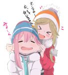  &gt;_&lt; 2girls aqua_jacket arms_up bangs beanie blonde_hair blue_headwear blue_jacket blush blush_stickers cheek_pinching closed_eyes coat commentary_request eyebrows_visible_through_hair fang fur-trimmed_coat fur-trimmed_hood fur_trim hair_intakes hand_up happy hat highres hood hood_down hooded_coat inuyama_aoi jacket kagamihara_nadeshiko multiple_girls murairamuraiari open_mouth parted_bangs pinching pom_pom_(clothes) red_coat short_eyebrows simple_background smile striped striped_headwear striped_sweater sweater translation_request white_background white_coat yurucamp 