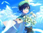 1boy androgynous bangs beret black_hair blue_hair blush bow braid cape clouds cloudy_sky collared_cape collared_shirt commentary_request corset day eyebrows_visible_through_hair feathers flower frilled_sleeves frills genshin_impact gradient_hair green_eyes green_headwear hat hat_flower highres holding holding_flower leaf long_sleeves looking_at_viewer male_focus multicolored_hair open_mouth outdoors shirt short_hair_with_long_locks sky smile solo tamakibi twin_braids venti_(genshin_impact) white_flower white_shirt 