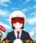  1girl black_hair black_jacket blazer blue_sky blurry blurry_background blush closed_mouth clouds collared_shirt commentary_request day depth_of_field diagonal-striped_neckwear diagonal_stripes facing_viewer helmet honda_super_cub jacket koguma_(super_cub) kozue_akari lamppost mask necktie outdoors power_lines shirt short_hair sky smile solo striped striped_neckwear super_cub translation_request upper_body white_headwear white_shirt 