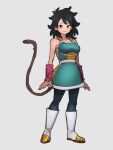  1girl armor arms_at_sides bare_arms black_eyes black_hair black_legwear boots breasts closed_mouth collarbone dot_nose dragon_ball dragon_ball_minus dragon_ball_super dragon_ball_super_broly eyelashes full_body gine green_skirt grey_background hair_between_eyes kemachiku knee_boots legs_apart looking_at_viewer medium_breasts medium_hair monkey_tail pantyhose pink_wristband shiny shiny_hair simple_background skirt smile solo spiky_hair standing tail white_footwear wristband 