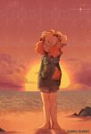  1girl alternate_costume animal_crossing animal_ears barefoot beach blonde_hair clouds dog_ears dog_girl dog_tail from_behind furry hand_in_pocket highres hood hoodie isabelle_(animal_crossing) linmiee rock shirt smile solo standing sunset tail 