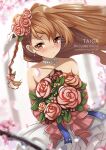  1girl absurdres aisaka_taiga bangs bare_shoulders blurry blurry_background blush bouquet braid brown_eyes brown_hair character_name commentary dress eyebrows_behind_hair flower frills hair_flower hair_ornament highres holding holding_bouquet long_hair looking_at_viewer parted_lips petals ribbon solo spiz strapless strapless_dress toradora! wedding_dress white_dress 