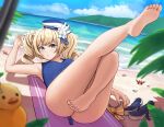  1girl absurdres armpits barbara_pegg bare_legs bare_shoulders barefoot beach bird blonde_hair blue_eyes blue_sky bow bowtie breasts crab day duck flower full_body genshin_impact hair_flower hair_ornament hat high_heels highres leg_up legs looking_at_viewer lying matmaj ocean on_back one-piece_swimsuit outdoors sailor_hat sky starfish swimsuit toenails toes twintails 