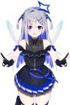  1girl amane_kanata angel angel_wings asymmetrical_bangs asymmetrical_hair bangs bare_shoulders black_dress black_gloves black_legwear blue_hair blue_wings blush colored_inner_hair cowboy_shot double_v dress feathered_wings gloves gradient gradient_eyes gradient_wings hair_ornament hair_over_one_eye hairclip halo highres hololive long_hair looking_at_viewer mini_wings multicolored multicolored_eyes multicolored_hair multicolored_wings off-shoulder_dress off_shoulder official_alternate_costume parted_lips partially_fingerless_gloves pink_hair pleated_dress sanuki_you short_dress silver_hair simple_background single_hair_intake single_thighhigh smile solo star_halo straight-on streaked_hair thigh-highs two_side_up v violet_eyes virtual_youtuber white_background white_wings wings 