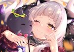  1girl 1other animal_ear_fluff animal_ears arata_(xin) bangs blunt_bangs blush cat_ears closed_mouth collar collarbone frilled_collar frilled_sleeves frills green_eyes hand_on_own_chest hands_up highres hololive long_hair looking_at_another messy_hair murasaki_shion one_eye_closed portrait sidelocks smile tearing_up virtual_youtuber white_hair 