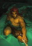  1boy closed_mouth commentary dark-skinned_male dark_skin earrings english_commentary etcetceteras ganondorf holding_hands jewelry long_hair male_focus muscular pectorals redhead shirtless solo_focus the_legend_of_zelda water 