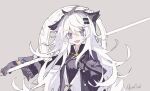  1girl :d animal_ears arknights bangs black_gloves black_jacket eyebrows_visible_through_hair gloves grey_background grey_eyes hair_ornament hairclip highres jacket lappland_(arknights) long_hair long_sleeves looking_at_viewer melanbread open_mouth scar scar_across_eye signature simple_background smile solo upper_body white_hair wolf_ears 