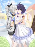  2girls absurdres amusement_park antenna_hair bangs bare_shoulders black_shorts blue_eyes blue_hair bronya_zaychik broseele dress drill_hair face_licking food grey_eyes grey_hair grey_jacket hair_between_eyes highres honkai_(series) honkai_impact_3rd ice_cream jacket licking looking_at_another multiple_girls outdoors seele_vollerei shorts white_dress yuri 