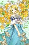  1girl bangs bare_shoulders blonde_hair blue_skirt bouquet bow commentary cowboy_shot floral_print flower food frilled_shirt frills fruit fruit_background hair_bow hair_ornament hairclip highres holding holding_bouquet kagamine_rin long_skirt looking_at_viewer open_mouth orange_(food) puffy_short_sleeves puffy_sleeves shirt short_hair short_sleeves skirt smile standing strapless_shirt swept_bangs vocaloid white_bow white_flower white_shirt whiteskyash yellow_nails 