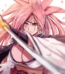  1girl amputee baiken big_hair black_kimono breasts ekaki_kukuma eyepatch facial_tattoo falling_petals guilty_gear highres holding holding_sword holding_weapon japanese_clothes katana kimono large_breasts multicolored multicolored_clothes multicolored_kimono obi one-eyed open_clothes open_kimono petals pink_hair ponytail red_eyes samurai sash scar scar_across_eye sword tattoo weapon white_kimono 