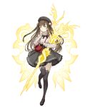  1girl animal_print aqua_eyes bare_shoulders black_skirt brown_hair cat_print clothing_cutout energy_weapon frilled_skirt frills full_body hat ji_no knit_sweater long_hair looking_at_viewer mary_janes official_art rapunzel_(sinoalice) reality_arc_(sinoalice) shoes shoulder_cutout sinoalice skirt solo thigh-highs transparent_background 