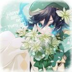  1boy androgynous argyle argyle_legwear bangs beret black_hair blue_hair blush bouquet braid cape character_name closed_mouth commentary_request english_text flower genshin_impact gradient_hair green_eyes green_headwear hair_flower hair_ornament happy_birthday hat highres holding holding_bouquet looking_at_viewer male_focus mikoto_(sgkt0422) multicolored_hair pantyhose short_hair_with_long_locks smile solo symbol_commentary twin_braids venti_(genshin_impact) white_flower white_legwear 