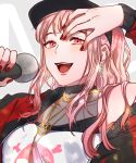  1girl bangs baseball_cap black_headwear hair_behind_ear hand_on_own_face hat holding holding_microphone hololive hololive_english jacket jewelry long_hair microphone mori_calliope necklace open_mouth pink_eyes pink_hair red_jacket red_nails scarillust shirt solo upper_body virtual_youtuber white_shirt 