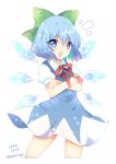  1girl artist_name bangs blue_dress blue_eyes blue_hair bow cirno commentary_request crossed_arms dress eyebrows_visible_through_hair eyes_visible_through_hair green_bow hair_between_eyes hands_up highres ice ice_wings looking_at_viewer number open_mouth ougi_hina puffy_short_sleeves puffy_sleeves red_bow red_neckwear short_hair short_sleeves simple_background solo standing touhou white_background white_sleeves wings 