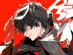  1boy amamiya_ren black_coat black_hair coat from_side gloves hair_between_eyes high_collar holding holding_mask male_focus mask persona persona_5 profile red_gloves sawa2 simple_background smile solo upper_body 