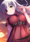  1girl bangs belt black_belt breasts closed_mouth commentary_request copyright_request demimushi dress eyebrows_visible_through_hair eyepatch floating_hair green_eyes grey_hair hair_between_eyes hand_up highres long_hair medium_breasts outdoors red_dress short_sleeves smile solo sunset 