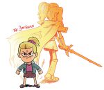 1girl 2girls amphibia angry armor behind_another blonde_hair boots cape child jacket official_art sasha_waybright skirt slippers sword younger 