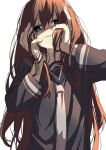  1girl blue_eyes brown_hair crying empty_eyes grey_shirt highres long_hair momiji_oroshi original sad shirt uniform upper_body white_background 