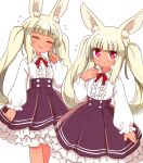  1girl ^_^ animal_ear_fluff animal_ears bangs blonde_hair blunt_bangs blush center_frills closed_eyes closed_mouth collared_shirt commentary_request flying_sweatdrops frilled_shirt_collar frilled_skirt frills hand_up heart heart-shaped_pupils highres long_hair long_sleeves looking_at_viewer masurao_(sekaiju) multiple_views naga_u nervous_smile open_mouth pleated_skirt puffy_long_sleeves puffy_sleeves purple_skirt rabbit_ears sekaiju_no_meikyuu sekaiju_no_meikyuu_5 shirt short_eyebrows simple_background skirt sleeves_past_wrists sweat symbol-shaped_pupils tan thick_eyebrows twintails very_long_hair violet_eyes white_background white_shirt 