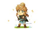  1boy 1girl bettykwong blonde_hair blue_eyes blue_shirt boots chibi clenched_hands fingerless_gloves gloves link pointy_ears ponytail princess_zelda shirt sidelocks sitting sitting_on_head sitting_on_person size_difference sparkling_eyes the_legend_of_zelda the_legend_of_zelda:_breath_of_the_wild 