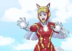  1girl animal_ears bangs blue_sky blunt_bangs clouds commentary_request cosplay gold_ship_(umamusume) grey_hair highres horse_ears horse_girl horse_tail iron_man iron_man_(cosplay) long_hair marvel open_mouth power_armor sky solo tail ueyama_michirou umamusume violet_eyes 