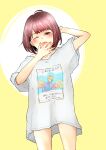  1girl absurdres arima_kana bangs bare_legs blush colored_skin hand_on_head highres one_eye_closed oshi_no_ko redhead shirt short_hair t-shirt white_skin yawning yellow_background yurigera_8959 