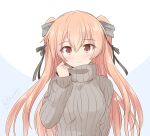  1girl alternate_costume breasts brown_eyes brown_sweater hair_ornament hair_ribbon icesherbet johnston_(kancolle) kantai_collection light_brown_hair long_hair medium_breasts ribbed_sweater ribbon sweater turtleneck turtleneck_sweater two_side_up 