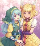  2girls :d apron armor armored_dress blonde_hair blue_hair blurry bokeh commentary_request cowboy_shot depth_of_field double_bun haniwa_(statue) haniyasushin_keiki joutouguu_mayumi light_blush long_hair magatama magatama_necklace multiple_girls open_mouth pink_background pink_eyes short_hair simple_background smile tomobe_kinuko touhou very_long_hair yellow_eyes 