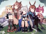  5girls :d ^_^ absurdres amiya_(arknights) angelina_(arknights) animal_ear_fluff animal_ears arknights bangs bare_shoulders black_footwear black_jacket black_legwear black_shorts black_skirt blonde_hair blue_hairband blush breasts brown_eyes brown_hair cat_ears cat_girl cat_tail closed_eyes closed_mouth commentary_request eyebrows_visible_through_hair fox_ears fox_girl fox_tail green_eyes grey_hair hairband hand_up highres jacket knees_up multiple_girls on_grass open_clothes open_jacket open_mouth pantyhose pleated_skirt purple_hair purple_neckwear purple_skirt rabbit_ears red_eyes red_hairband rippajun rosmontis_(arknights) rubbing_eyes shamare_(arknights) shirt shoes short_shorts shorts sitting skirt small_breasts smile socks stuffed_animal stuffed_toy suzuran_(arknights) tail twintails white_jacket white_legwear white_shirt 