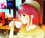  1girl absurdres arima_kana bangs black_eyebrows brown_sweater coffee coffee_cup cup disposable_cup drinking ears hair_behind_ear hat highres holding_hands open_mouth oshi_no_ko red_eyes redhead short_hair signature sweater yurigera_8959 