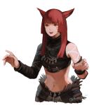  1girl animal_ears arm_tattoo asymmetrical_clothes breasts brown_eyes cat_ears cropped_torso facing_viewer final_fantasy final_fantasy_xiv hime_cut long_hair medium_breasts midriff miqo&#039;te muraicchi_(momocchi) navel open_mouth redhead slit_pupils solo tattoo white_background 