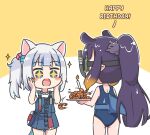  +_+ 2girls :o animal_ears bag bangs bare_arms bare_shoulders blue_dress blue_eyes blue_hair blue_swimsuit blush_stickers brown_hair candle cat_ears diving_mask dress english_text eyebrows_visible_through_hair fire fish_tail gawr_gura goggles gradient_hair hair_cubes hair_ornament hands_on_own_face hands_up holding holding_plate hololive hololive_english long_hair multicolored_hair multiple_girls ninomae_ina&#039;nis one-piece_swimsuit open_mouth plate ponytail purple_hair rutorifuki shark_tail shirt shoulder_bag shrimp sidelocks sleeveless sleeveless_dress snorkel sparkle streaked_hair swimsuit tail two-tone_background very_long_hair virtual_youtuber wet white_background white_shirt yellow_background 