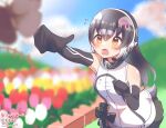 1girl african_penguin_(kemono_friends) bare_shoulders black_gloves black_hair black_skirt blurry bow bowtie bug butterfly commentary_request depth_of_field elbow_gloves flower gloves headphones high_collar highres insect kemono_friends kemono_friends_v_project long_hair microphone mitorizu_02 multicolored_hair official_alternate_costume penguin_girl penguin_tail pink_hair pleated_skirt reaching_out skirt sleeveless solo streaked_hair sweater tail virtual_youtuber white_hair white_sweater