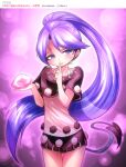  1girl animal_ears baku_(creature) capelet doremy_sweet dress feet_out_of_frame finger_to_mouth long_hair no_hat no_headwear pom_pom_(clothes) ponytail purple_background purple_hair shimizu_pem short_dress shushing tail tapir_ears tapir_tail touhou very_long_hair violet_eyes 