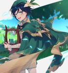  1boy androgynous bangs beret black_hair blue_hair blurry blurry_background bow braid building cape collared_cape collared_shirt commentary_request day flower frilled_sleeves frills from_behind gem genshin_impact gradient_hair grass green_eyes green_headwear green_shorts hat hat_flower highres holding holding_instrument instrument kiri220727 leaf long_sleeves looking_at_viewer looking_back lyre male_focus multicolored_hair open_mouth outdoors pantyhose shiny shiny_hair shirt short_hair_with_long_locks shorts skyscraper smile solo twin_braids venti_(genshin_impact) white_flower white_legwear white_shirt 