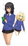  2girls ^^^ andou_(girls_und_panzer) animal_ears bangs bc_freedom_school_uniform black_dress black_eyes black_hair blonde_hair blue_cardigan blue_eyes blue_neckwear cardigan cat_ears cat_tail chestnut_mouth closed_mouth cropped_legs dark_skin diagonal-striped_neckwear diagonal_stripes dress dress_shirt eighth_note girls_und_panzer holding kemonomimi_mode long_sleeves looking_at_another medium_hair messy_hair multiple_girls musical_note necktie oshida_(girls_und_panzer) pleated_dress red_neckwear school_uniform shirt short_dress smile standing striped striped_neckwear tail tan_(inka) white_shirt wing_collar 