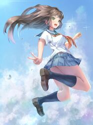  1girl :d ass bangs black_footwear black_legwear blue_sailor_collar blue_skirt blue_sky brown_hair clouds green_eyes highres jumping kneehighs kyon_(kyouhei-takebayashi) lens_flare loafers long_hair open_mouth original pleated_skirt red_neckwear sailor_collar school_uniform serafuku shirt shoes skirt sky smile solo thighs v white_shirt 