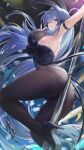  1girl absurdres animal_ears arm_strap arm_up armpits ass azur_lane bare_shoulders bibimbub black_footwear black_leotard blue_eyes blue_hair breasts brown_legwear fake_animal_ears floating_hair hair_intakes hand_up high_heels highleg highleg_leotard highres large_breasts leotard long_hair looking_at_viewer new_jersey_(azur_lane) new_jersey_(exhilarating_steps!)_(azur_lane) official_alternate_costume one_eye_closed pantyhose playboy_bunny pole pole_dancing rabbit_ears smile solo strapless strapless_leotard tail tailcoat thighs v very_long_hair 