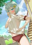  1girl animal_ears aqua_eyes blue_sky blush buruma closed_mouth clouds commentary_request day dutch_angle faucet hair_ornament hairclip hand_on_hip highres horse_ears horse_girl horse_tail midriff_peek navel outdoors red_buruma seiun_sky_(umamusume) shirt short_sleeves sink sky solo stairs sweat tail takumi11 umamusume white_shirt wiping_sweat 