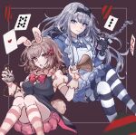  2girls aemono_(lemolemo_lmn) alice_(alice_in_wonderland) alice_(alice_in_wonderland)_(cosplay) alternate_costume bangs black_bow black_gloves blue_dress bow breasts bunny_hair_ornament card chain commentary_request cosplay dangan_ronpa:_trigger_happy_havoc dangan_ronpa_(series) dangan_ronpa_2:_goodbye_despair dress eyebrows_visible_through_hair flipped_hair gloves hair_bow hair_ornament heart holding kirigiri_kyouko large_breasts long_hair looking_at_viewer multiple_girls nanami_chiaki pink_bow pink_eyes pink_shorts playing_card pocket_watch puffy_short_sleeves puffy_sleeves red_bow shiny shiny_hair short_sleeves shorts smile striped striped_legwear thigh-highs watch white_gloves white_rabbit_(alice_in_wonderland) 