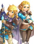  1boy 1girl absurdres blonde_hair blue_eyes blue_shirt boots braid brown_legwear cape earrings fingerless_gloves french_braid gloves gonzarez green_eyes highres jewelry link looking_at_viewer master_sword pointy_ears princess_zelda shirt the_legend_of_zelda the_legend_of_zelda:_breath_of_the_wild triforce 