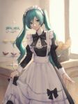  1girl absurdres alternate_costume apron apron_lift aqua_eyes aqua_hair blurry blurry_background clothes_lift curtsey dress dress_lift enmaided eyebrows_visible_through_hair hair_between_eyes hatsune_miku highres indoors long_hair long_sleeves looking_at_viewer maid maid_apron maid_headdress signature skirt skirt_lift smile solo standing twintails vocaloid zieru 